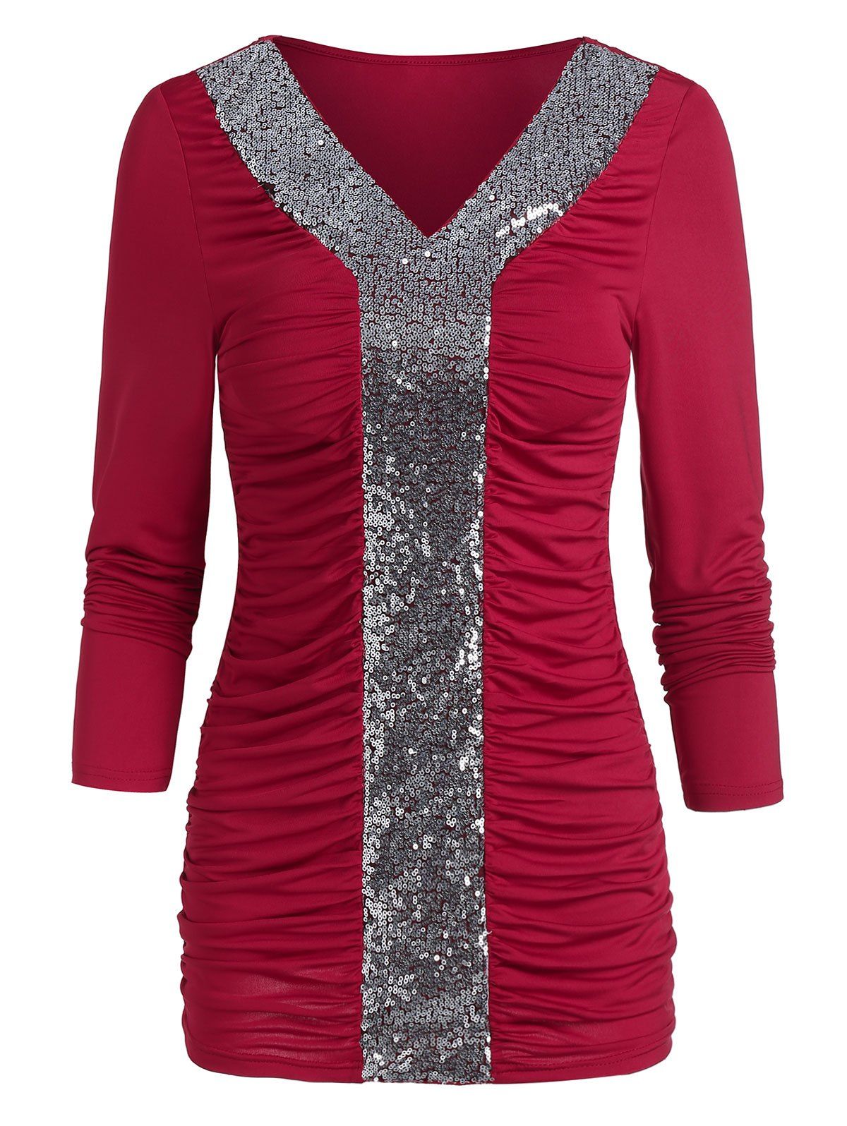 

Sequined Tunic V Neck T Shirt, Red wine