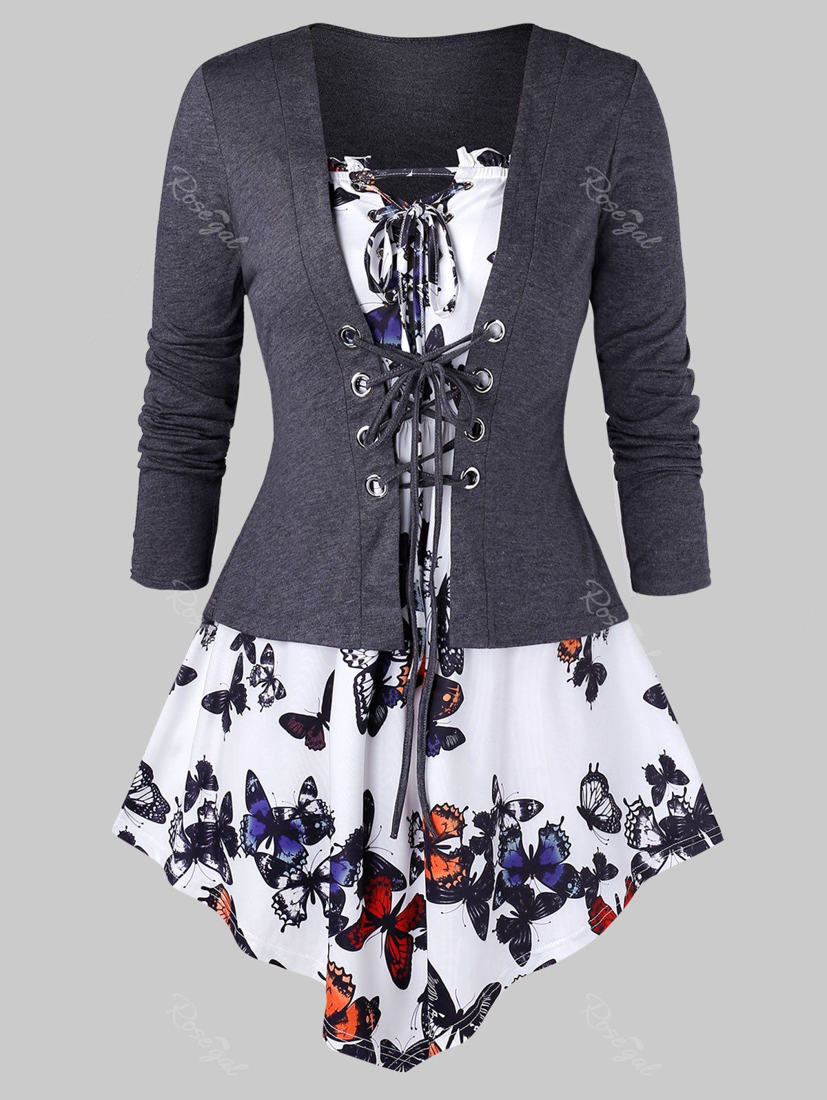 

Plus Size Marled Lace Up Top and Butterfly Print Strapless Tee Set, Dark gray
