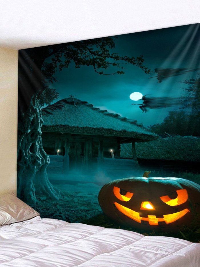 

Halloween Haunted House Pumpkin Wall Tapestry, Greenish blue
