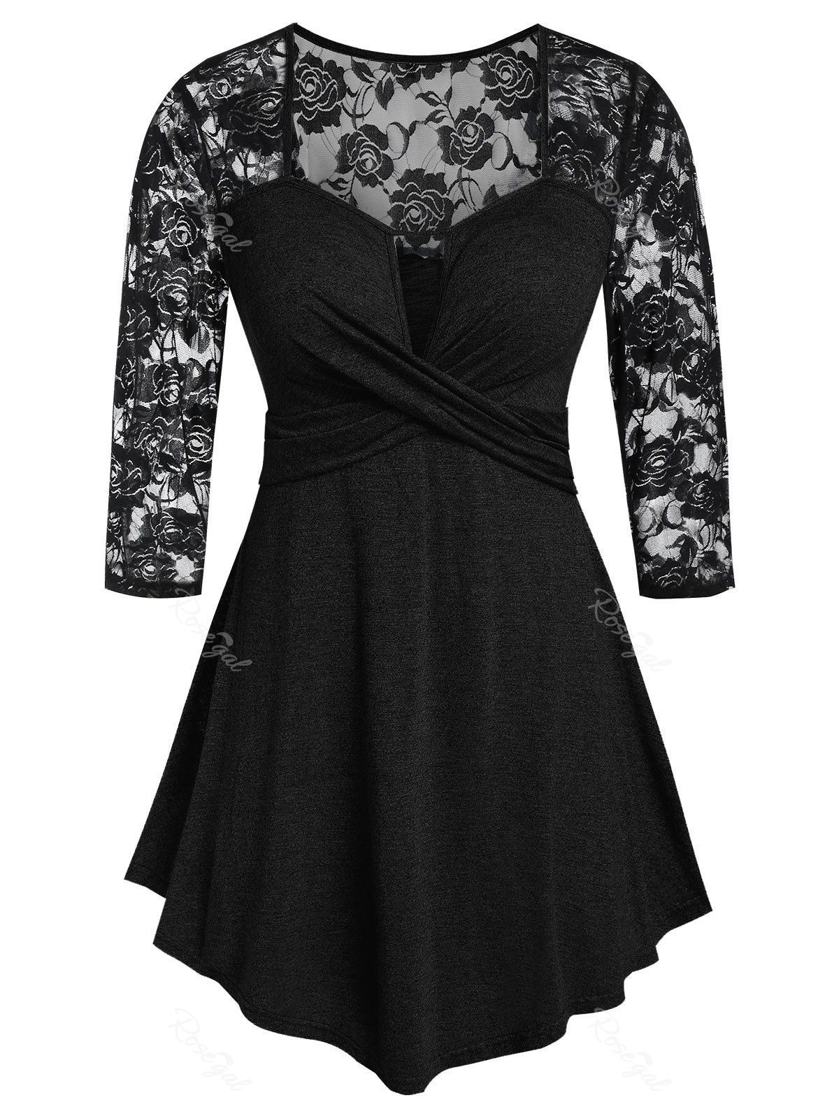 

Plus Size Lace Insert Front Twist Keyhole T-shirt, Black