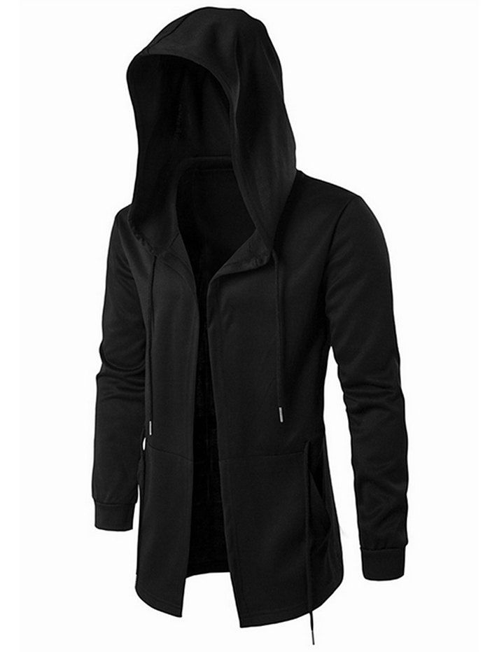 

Solid Color Long Gothic Open Front Hoodie, Black