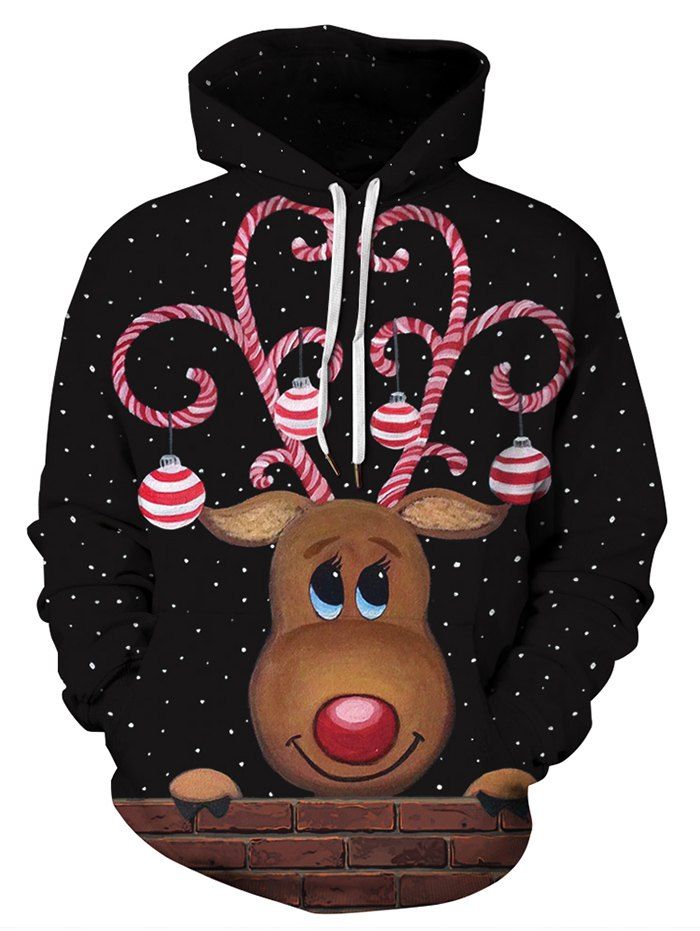 

Plus Size Christmas Cartoon Elk Print Kangaroo Pocket Hoodie, Black