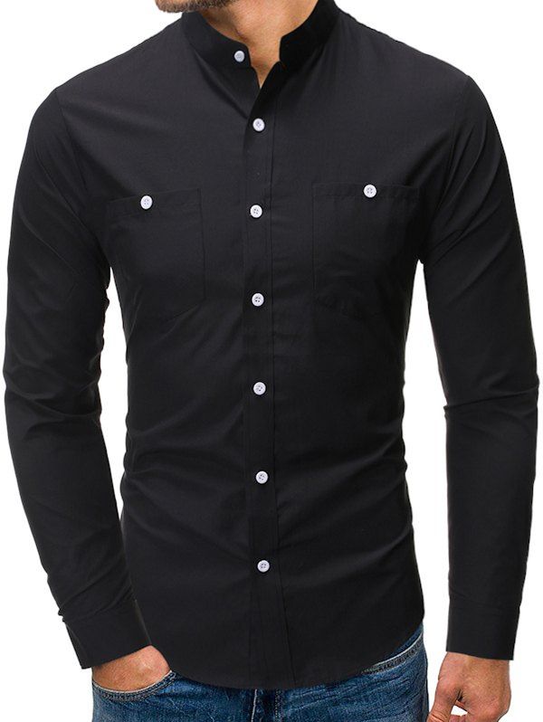 

Solid Color Pocket Decoration Long-sleeved Shirt, Black