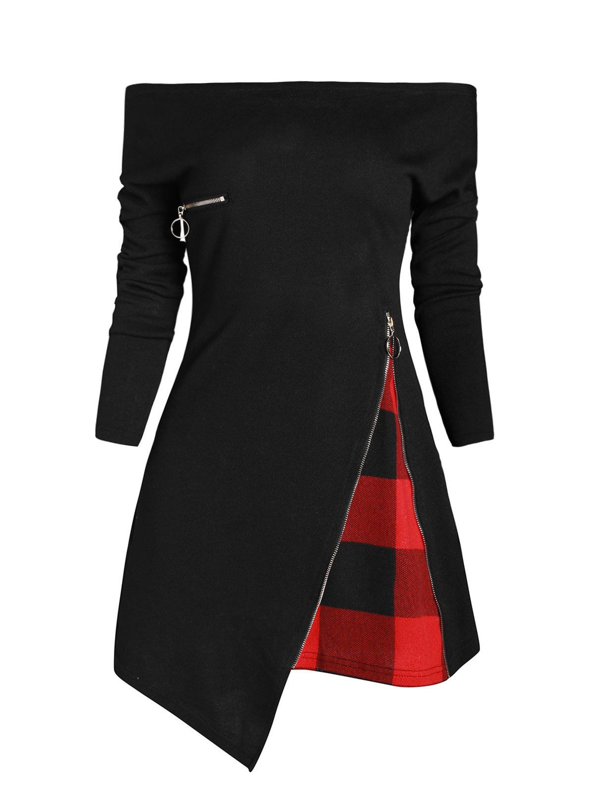 

Plaid Convertible Collar Zip Embellished Longline T-shirt, Black