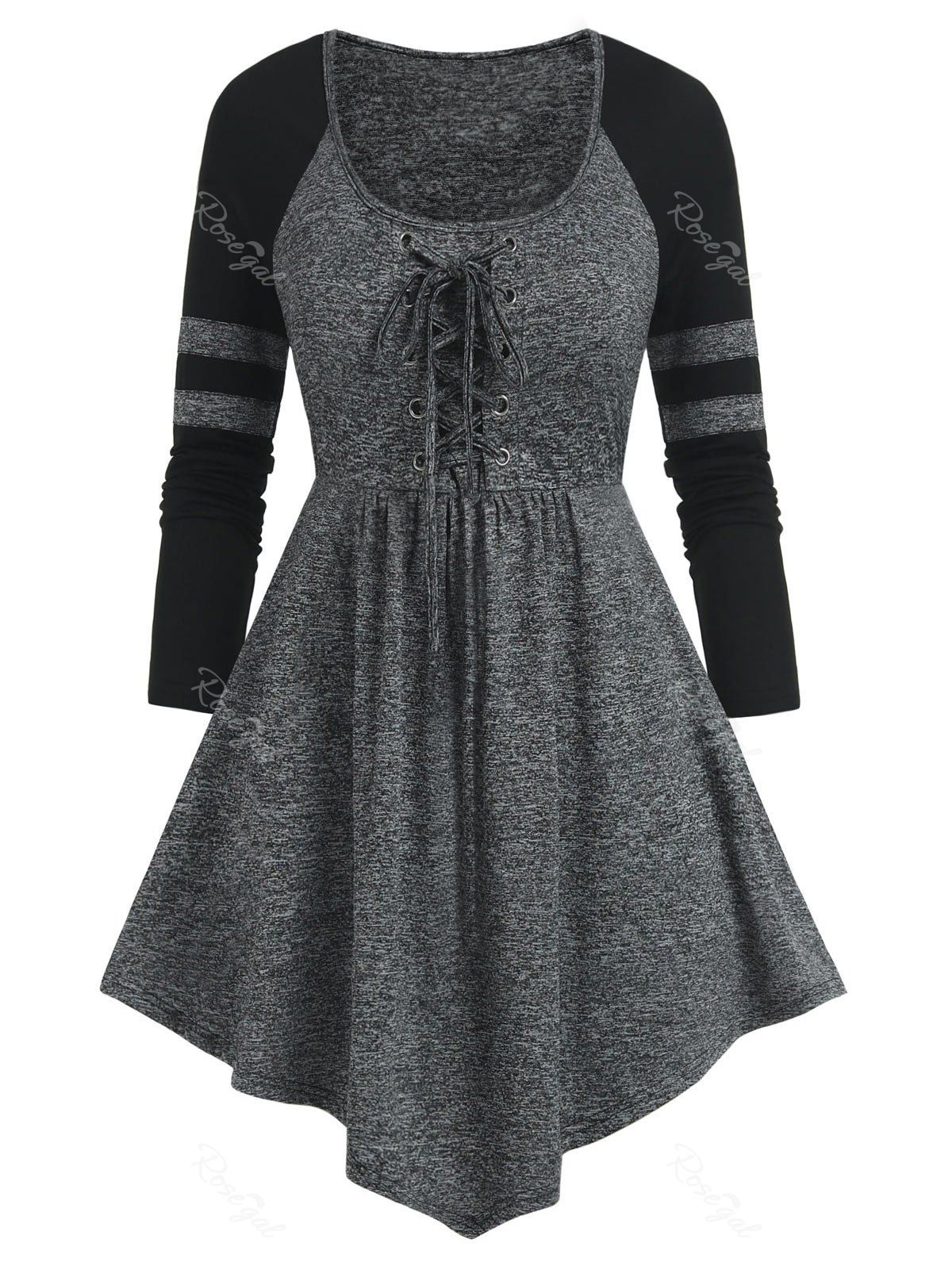 

Plus Size Raglan Sleeve Lace Up Marled T Shirt, Ash gray