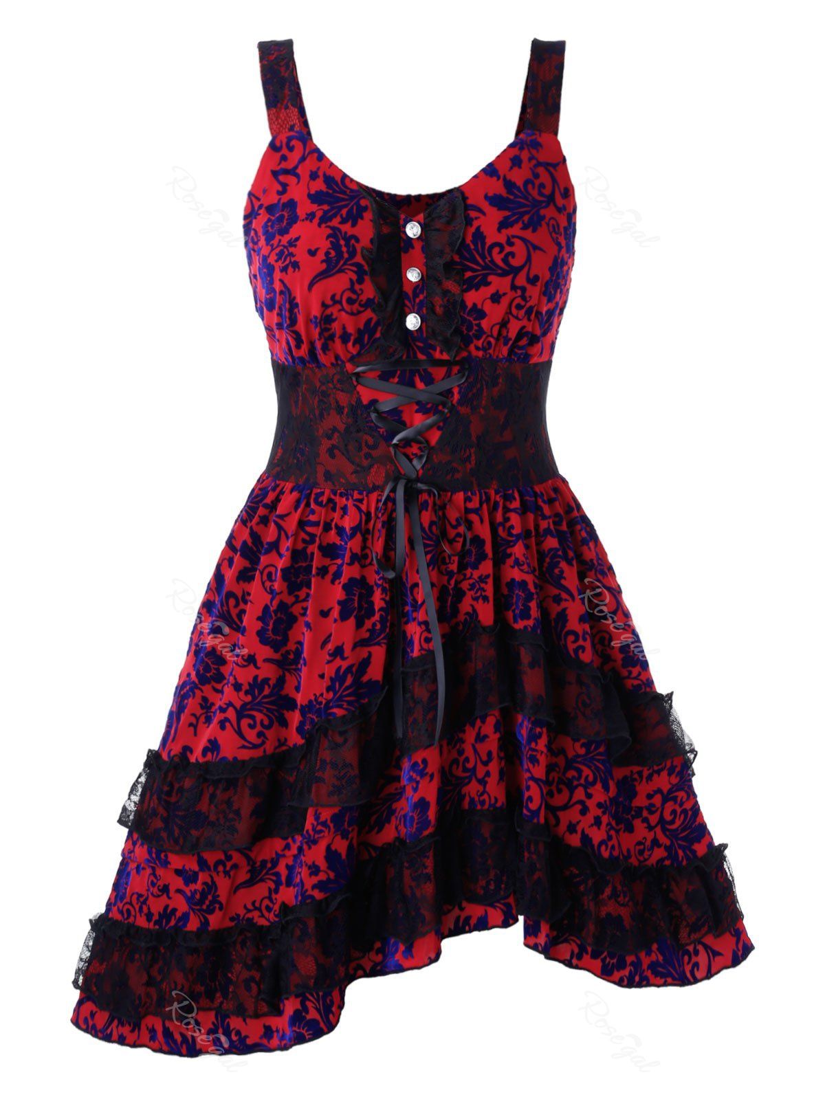 

Plus Size Halloween Ruffle Lace Up Tribal Print Party Dress, Red wine