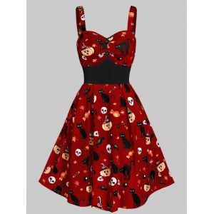 

Sweetheart Neck Cat Pumpkin Print Fit And Flare Halloween Dress, Red wine