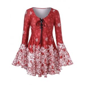 

Plus Size Flare Sleeve Scoop Collar Snow Print T Shirt, Chestnut red