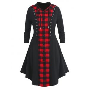 

Plus Size Plaid Hooded Button Up Skirted Grommet Coat, Black