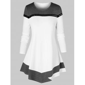 

Plus Size Round Collar Tunic Two Tone T Shirt, White