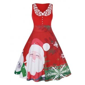 

Plus Size Christmas Santa Claus Print Vintage Party Dress, Red