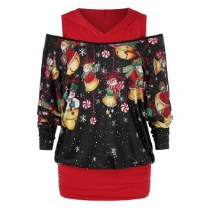 

Plus Size Christmas Open Shoulder Snowman Print Hoodie, Black