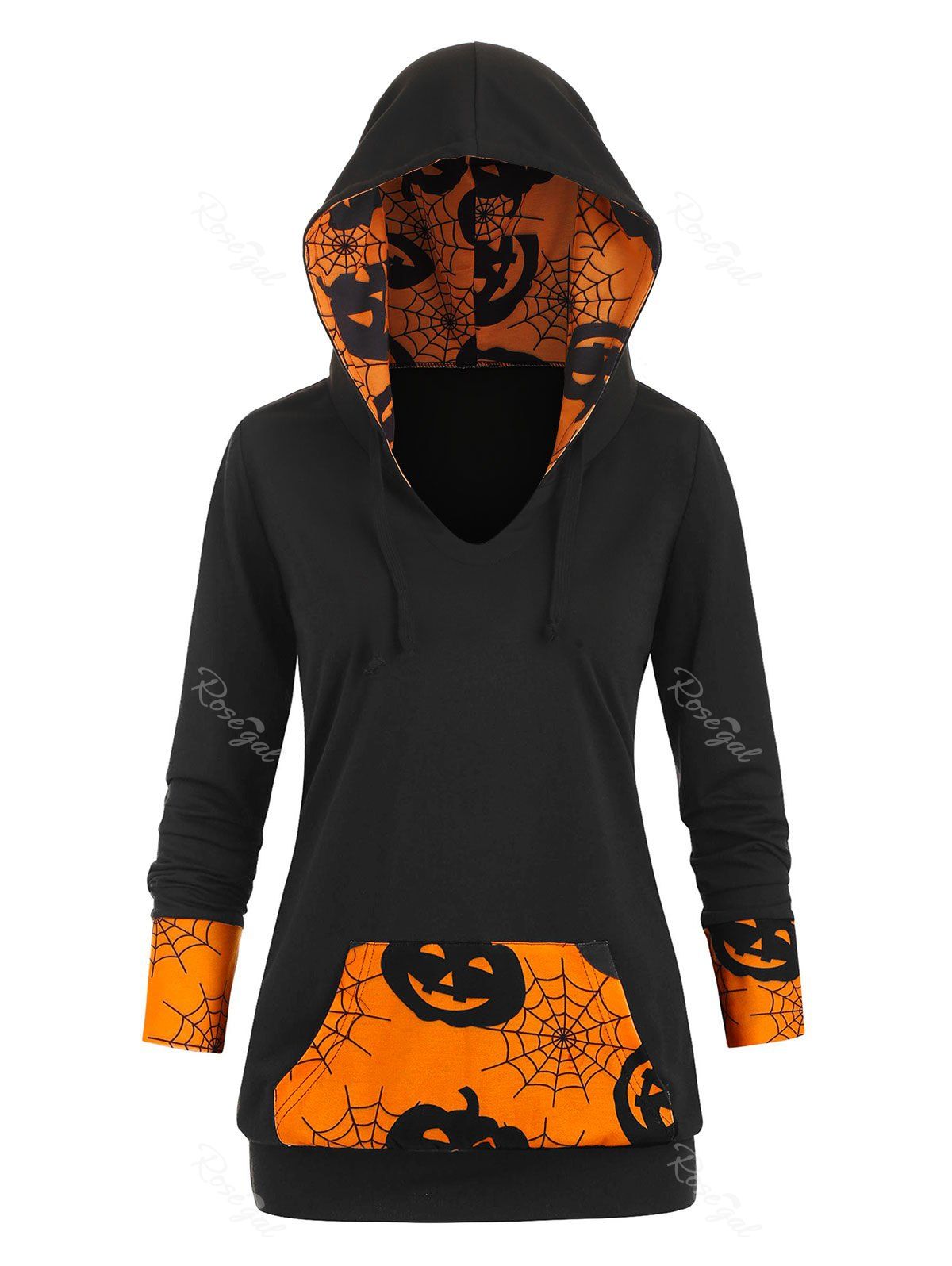 

Front Pocket Cobwebs Pumpkin Halloween Plus Size Hoodie, Black