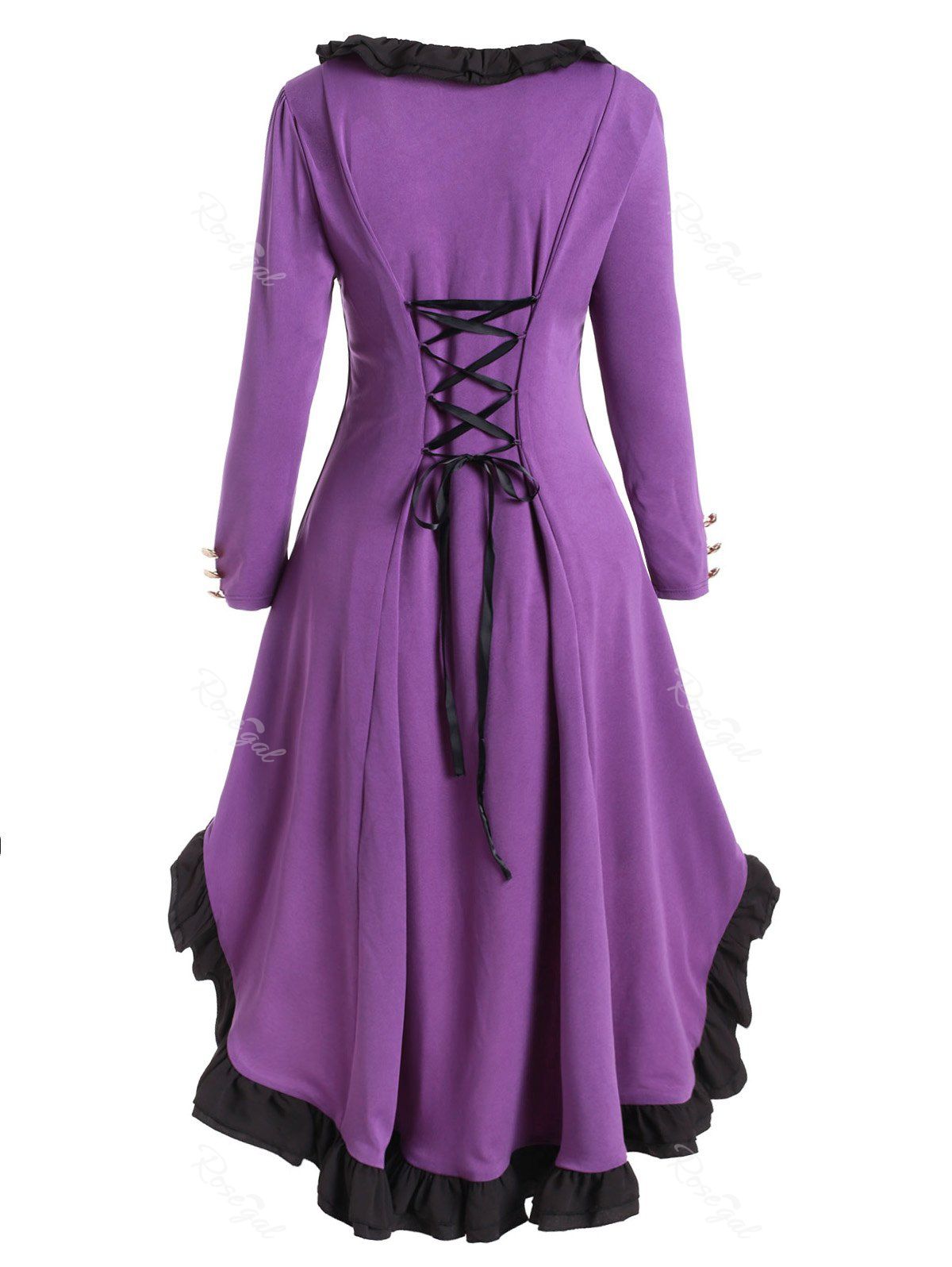 

Plus Size Lace Up Ruffle Retro Long Coat, Purple flower