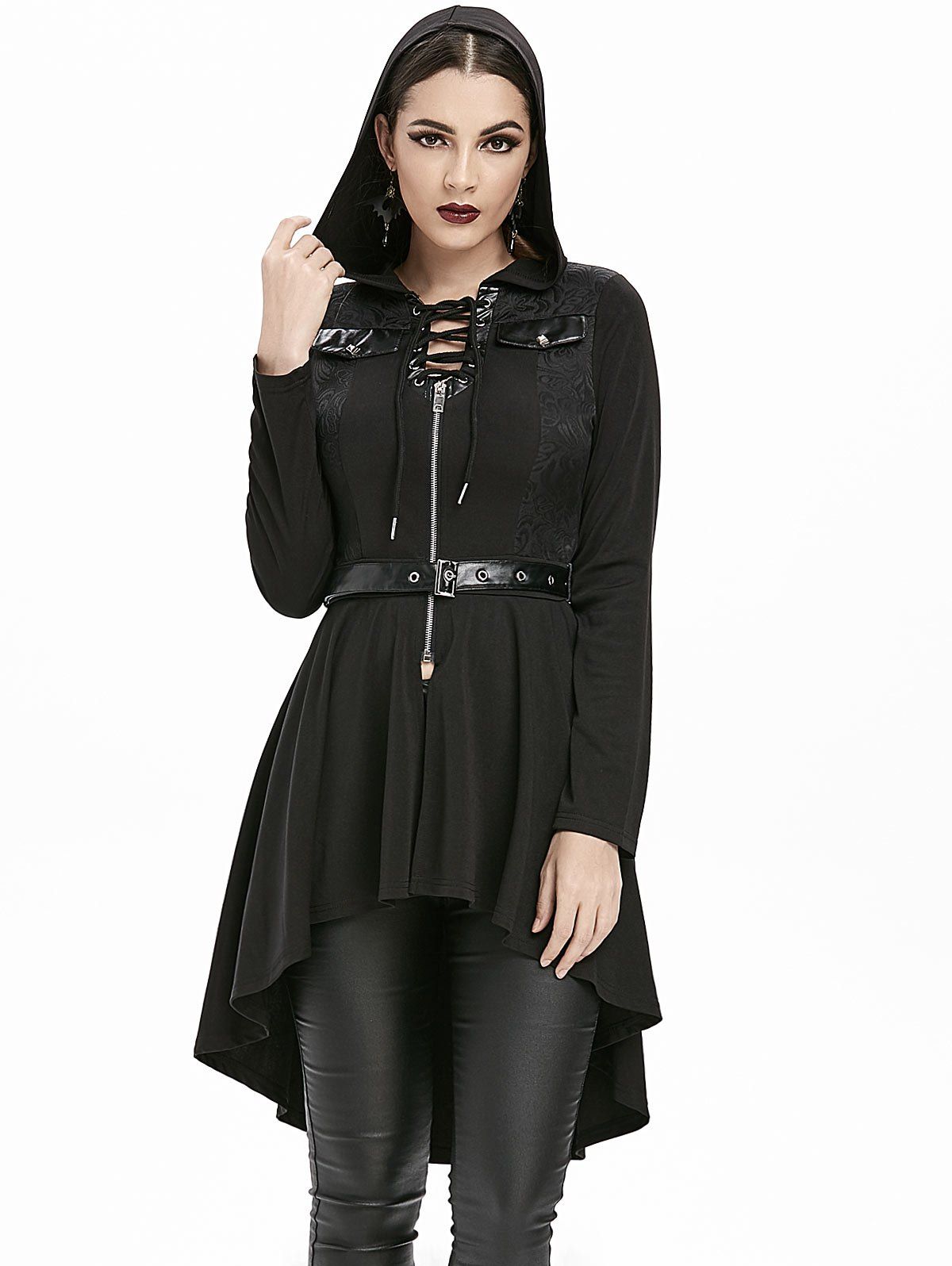 layered lace up high low hooded coat