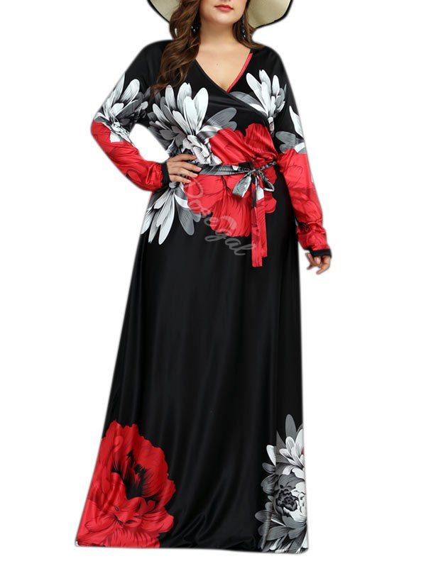 

Long Sleeve Belted Floral Surplice Plus Size Maxi Dress, Black