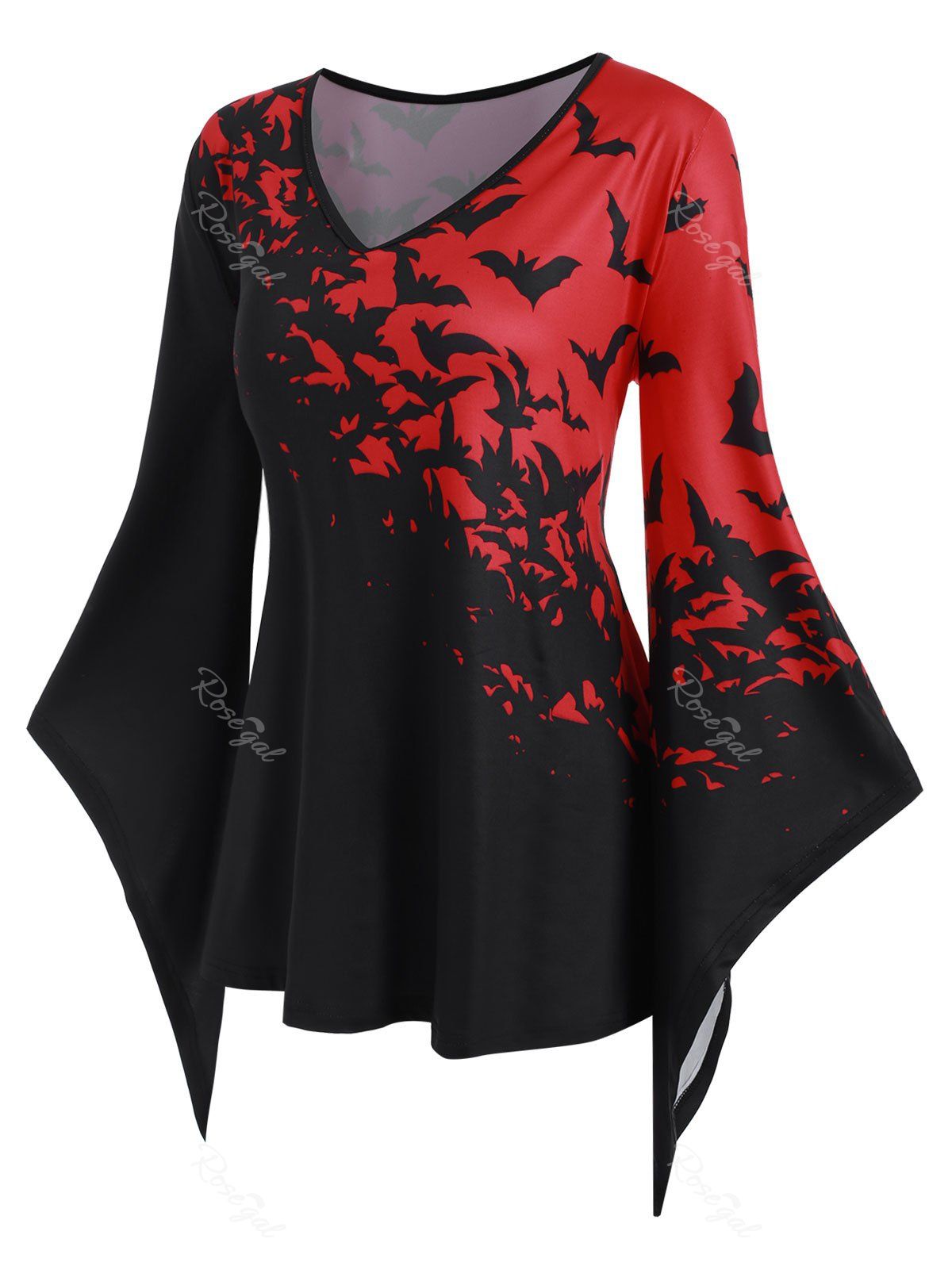 

Asymmetrical Flare Sleeve Bat Print Halloween Plus Size Top, Black