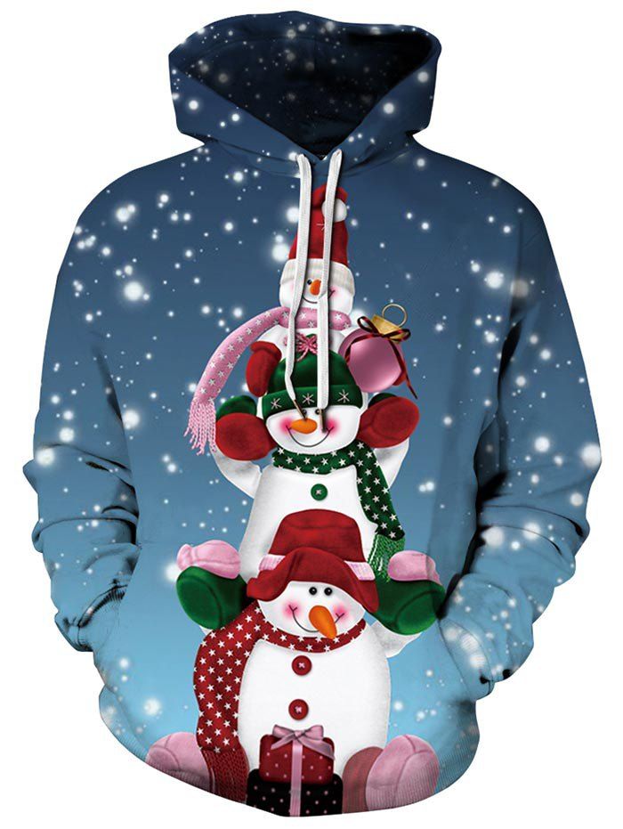 

Plus Size Christmas Cartoon Snowman Print Kangaroo Pocket Hoodie, Blue ivy