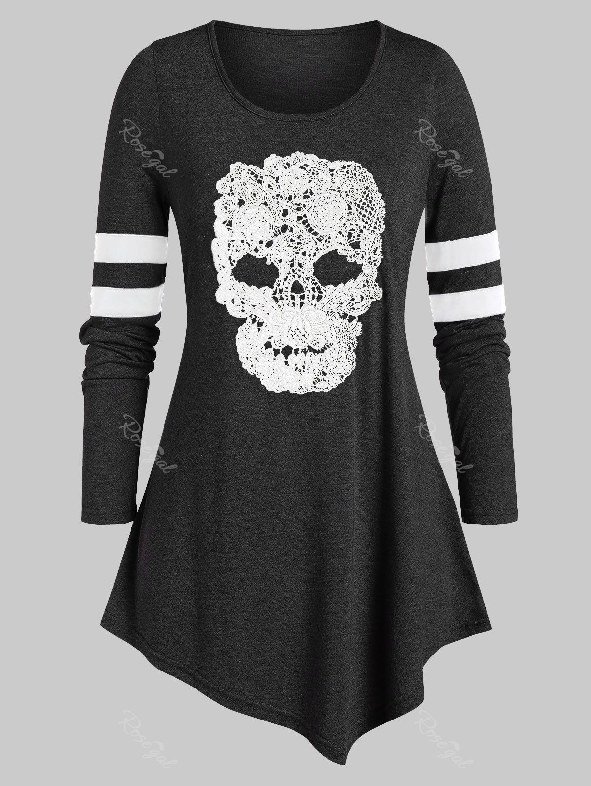 

Plus Size Skull Print Tunic Round Collar T Shirt, Carbon gray