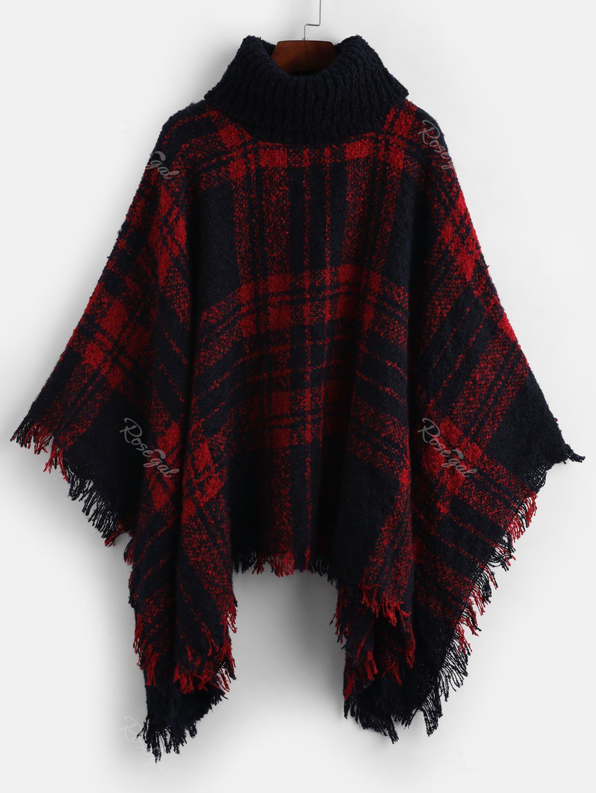

Plus Size Turtleneck Fringe Plaid Poncho Sweater, Red