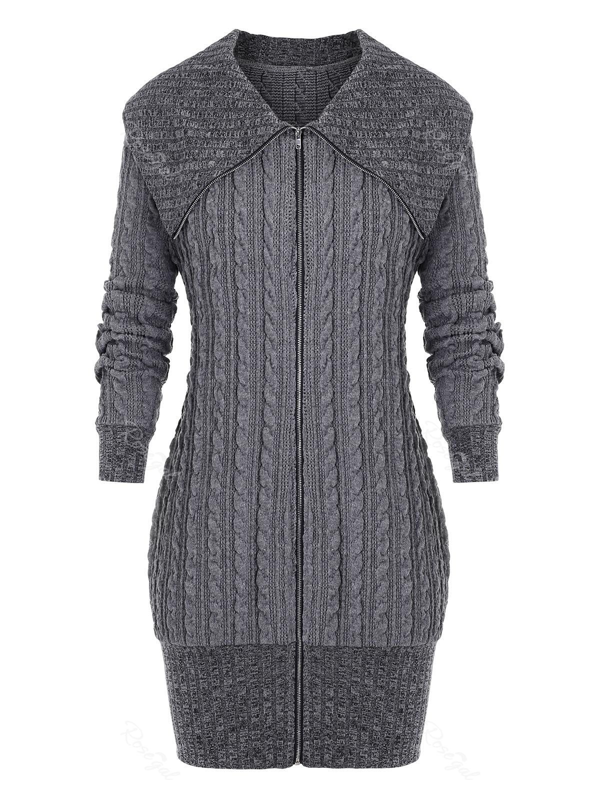 

Plus Size Front Zip Cable Knit Long Cardigan, Dark gray