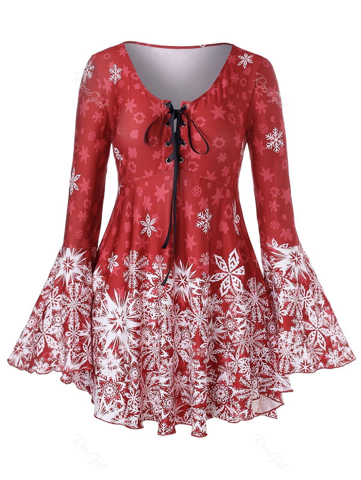 

Plus Size Flare Sleeve Scoop Collar Snow Print T Shirt, Chestnut red