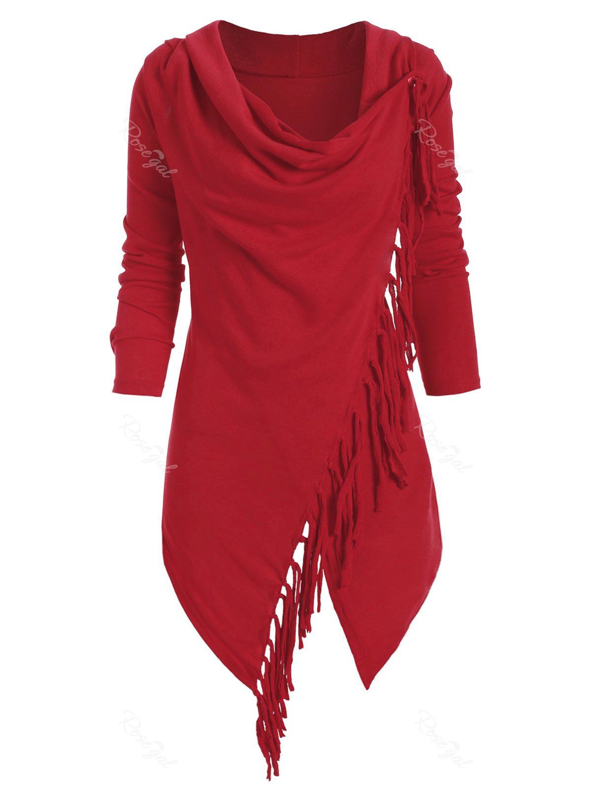 

One Buttoned Cowl Neck Tassels Asymmetrical Cardigan, Red