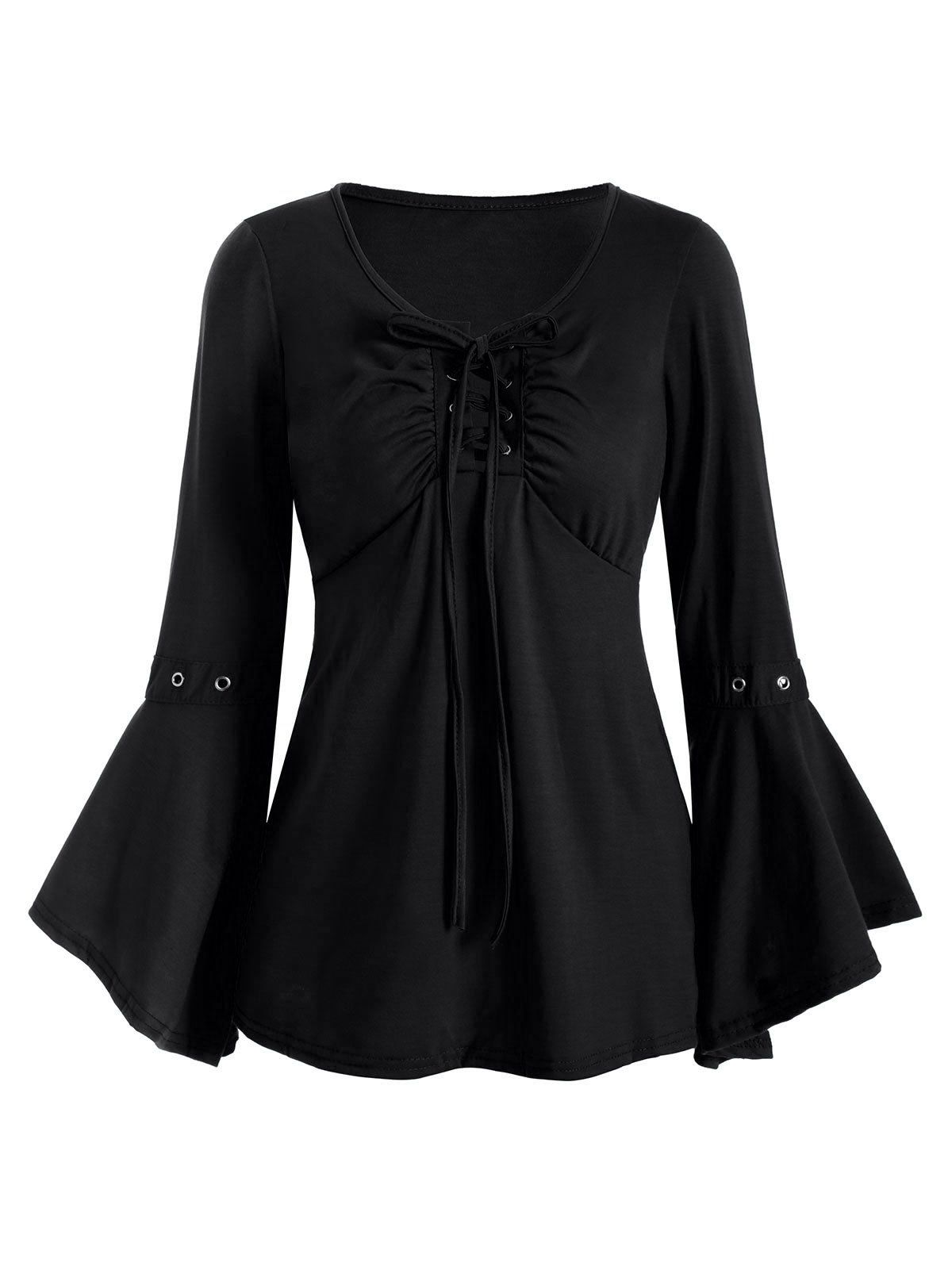 

Lace-up Grommet Long Sleeve Top, Black