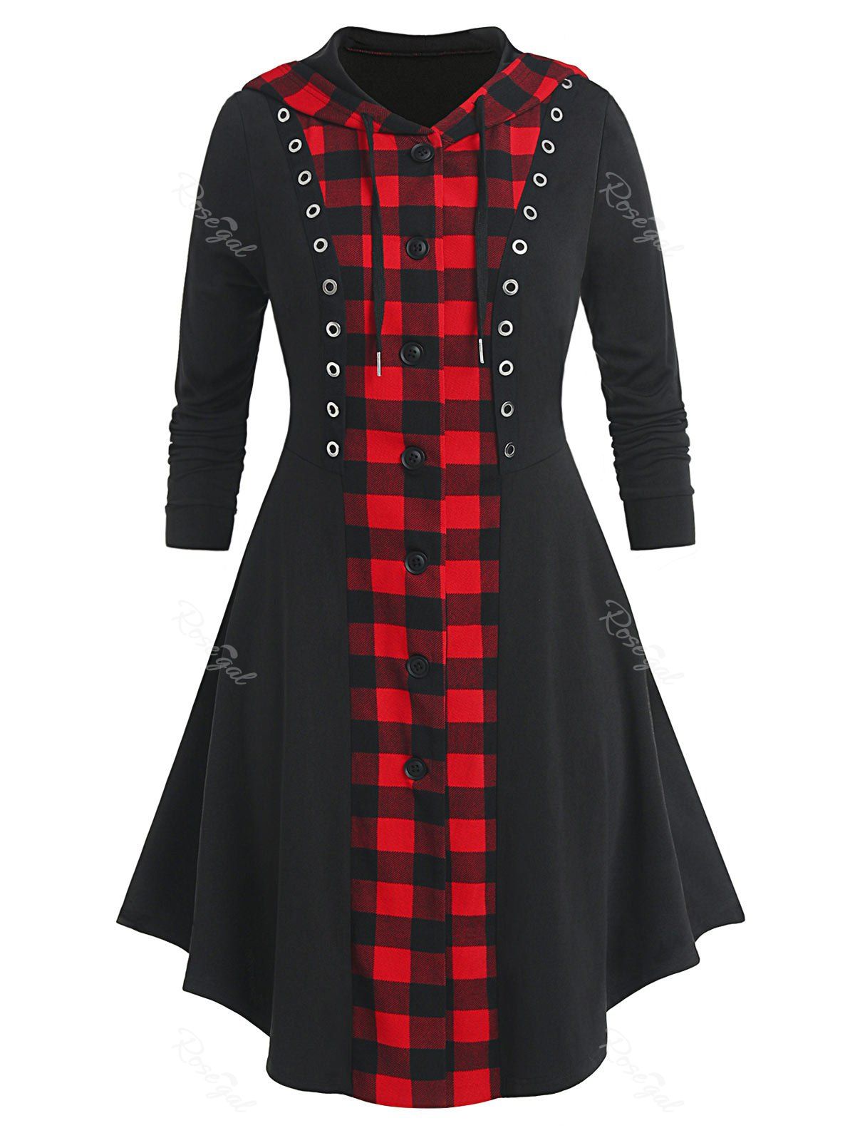 

Plus Size Plaid Hooded Button Up Skirted Grommet Coat, Black