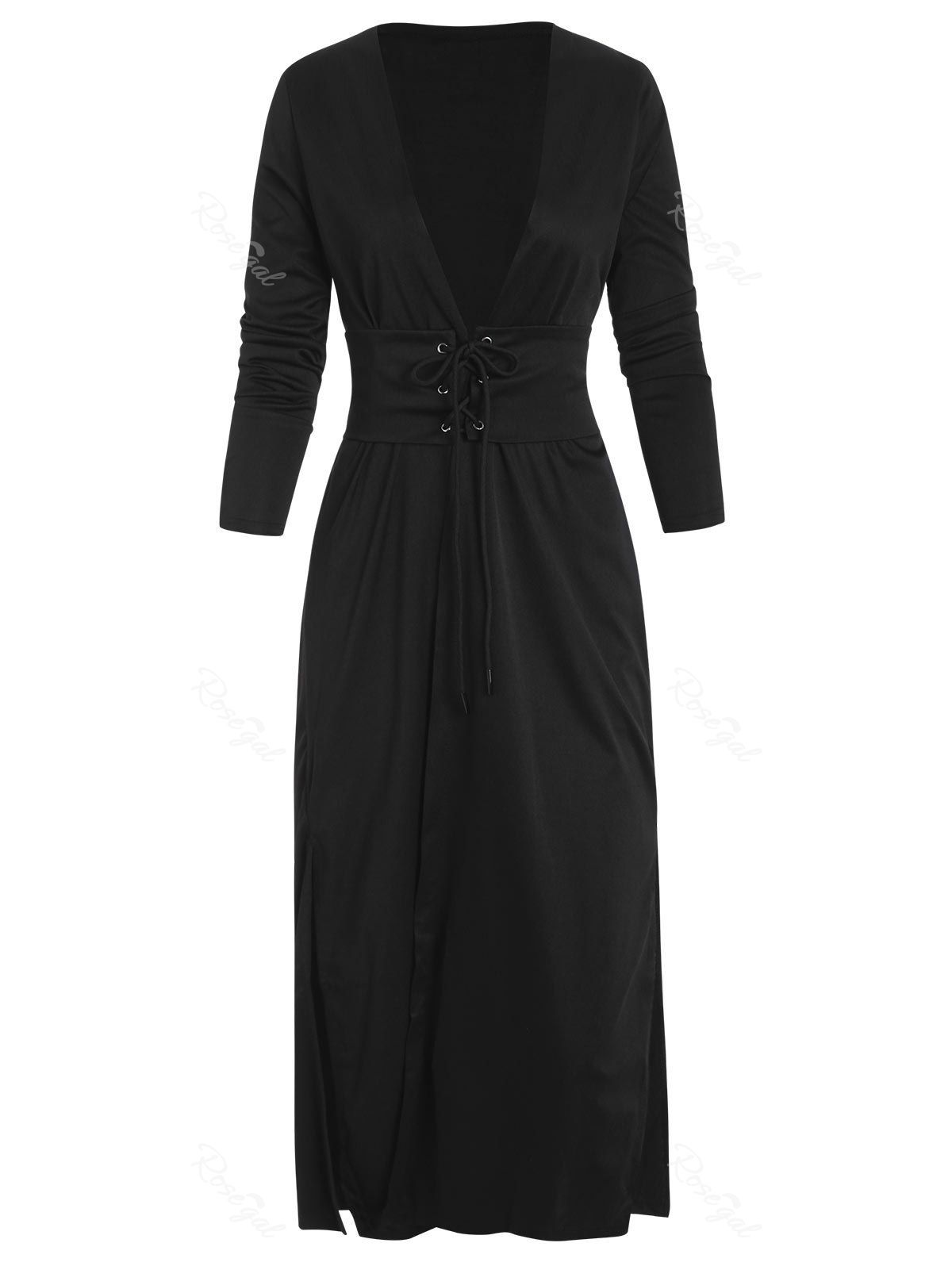 

Plus Size Side Slit Longline Coat With Corset Belt, Black