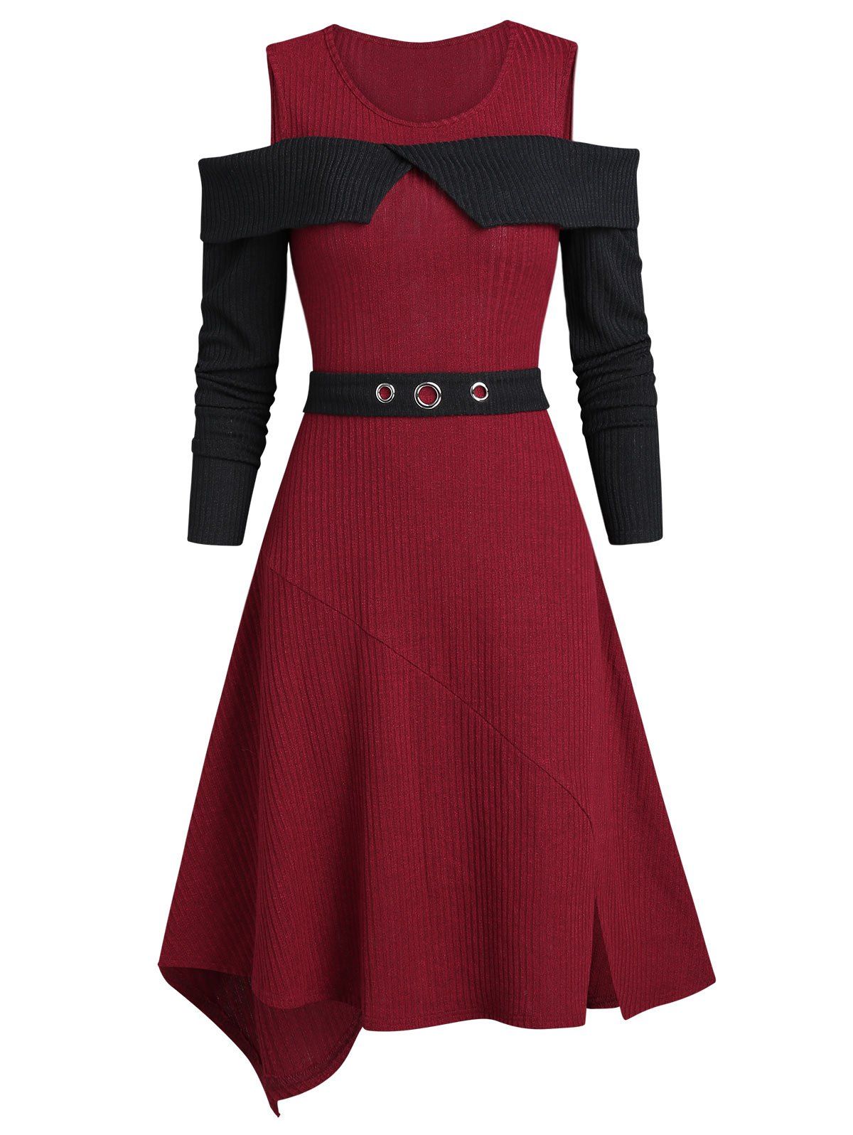 

Cold Shoulder Two Tone Slit Sweater Dress, Red wine