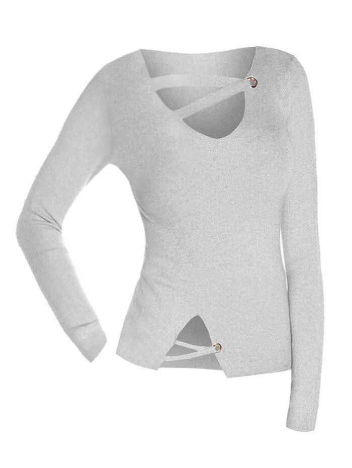 

V Neck Grommet Plain Sweater, Gray