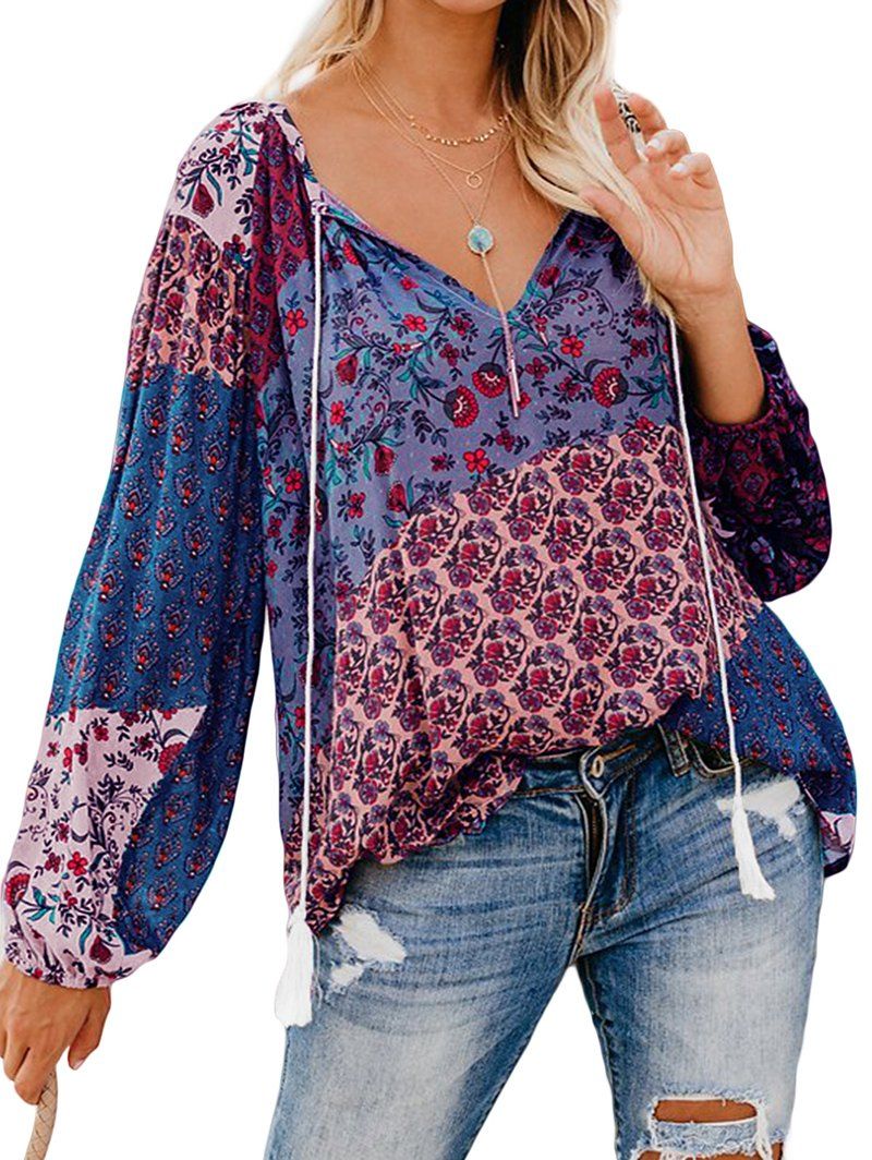 

Flower Tassel Long Sleeve Blouse, Multi-b