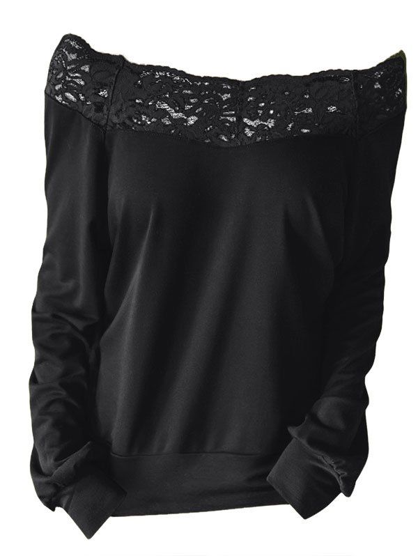

Lace Panel Off Shoulder Long Sleeve T-shirt, Black