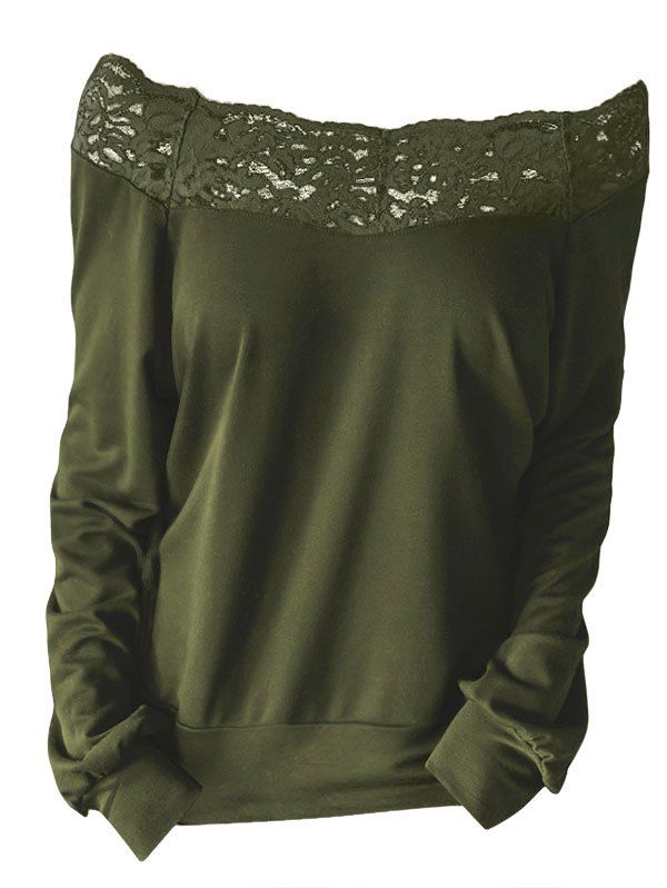

Lace Panel Off Shoulder Long Sleeve T-shirt, Army green