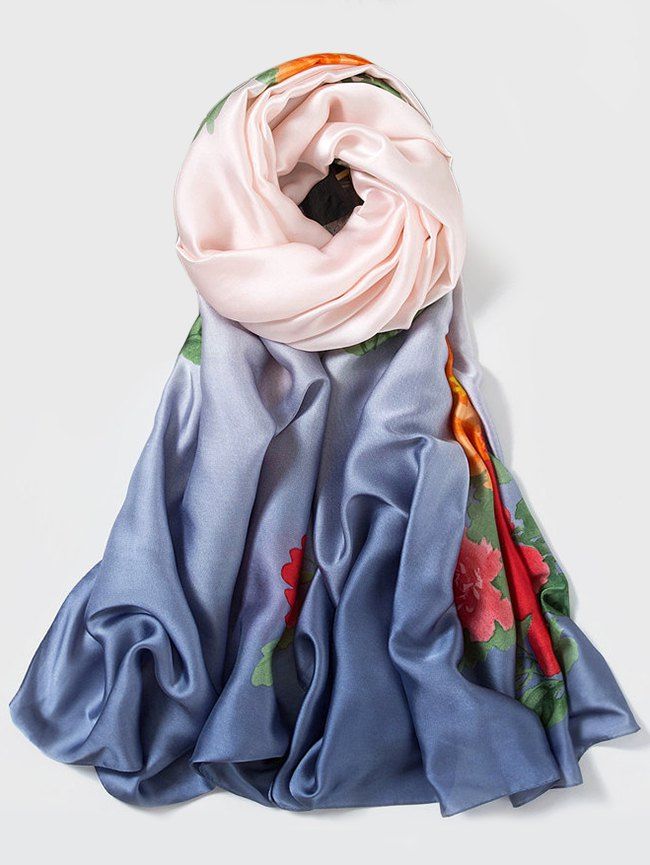 

Flower Design Print Long Scarf, Cadetblue