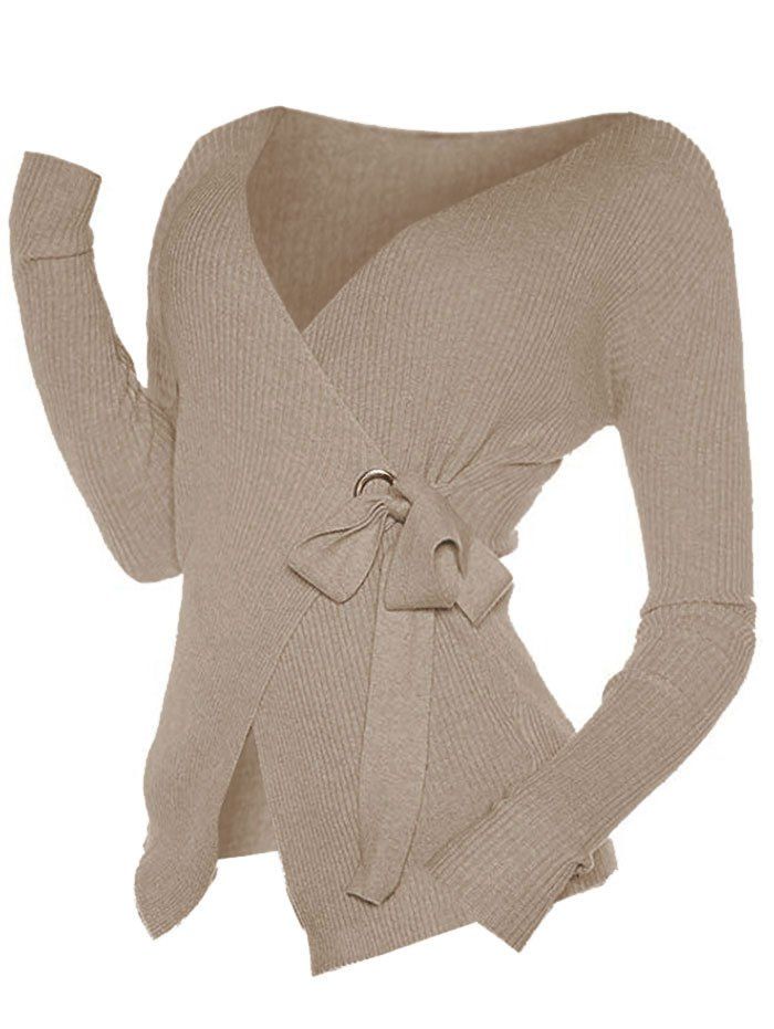 

Plain Slim Low Cut Surplice Sweater, Light khaki