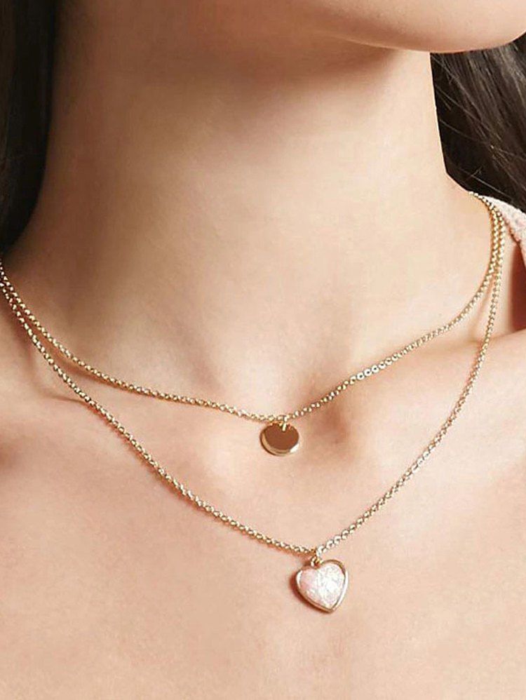 

2Pcs Heart Round Pendant Necklace Set, Gold