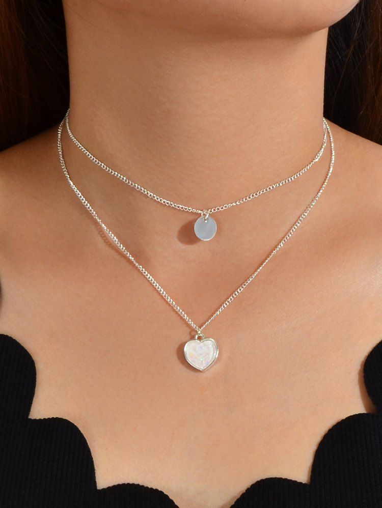

2Pcs Heart Round Pendant Necklace Set, Silver