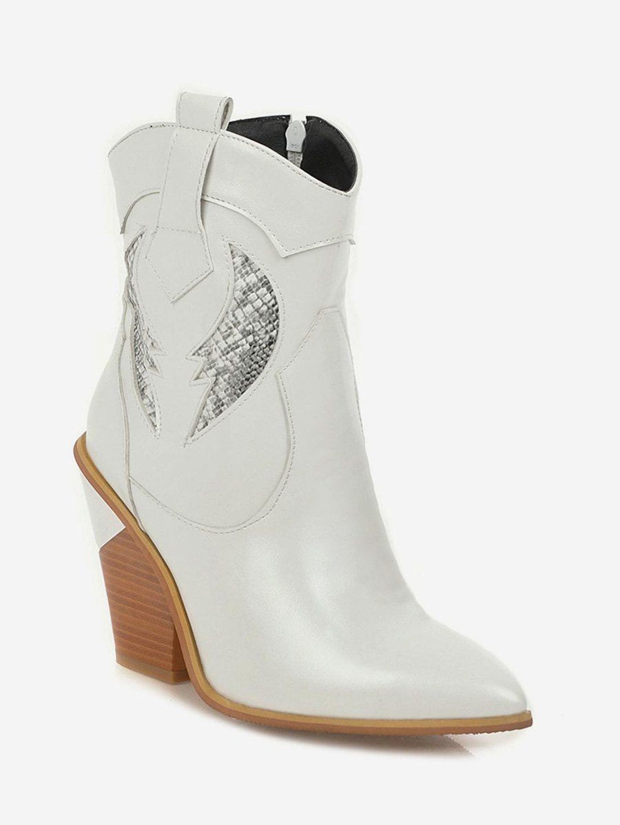 

Snakeskin Panel Pointed Toe High Heel Boots, White