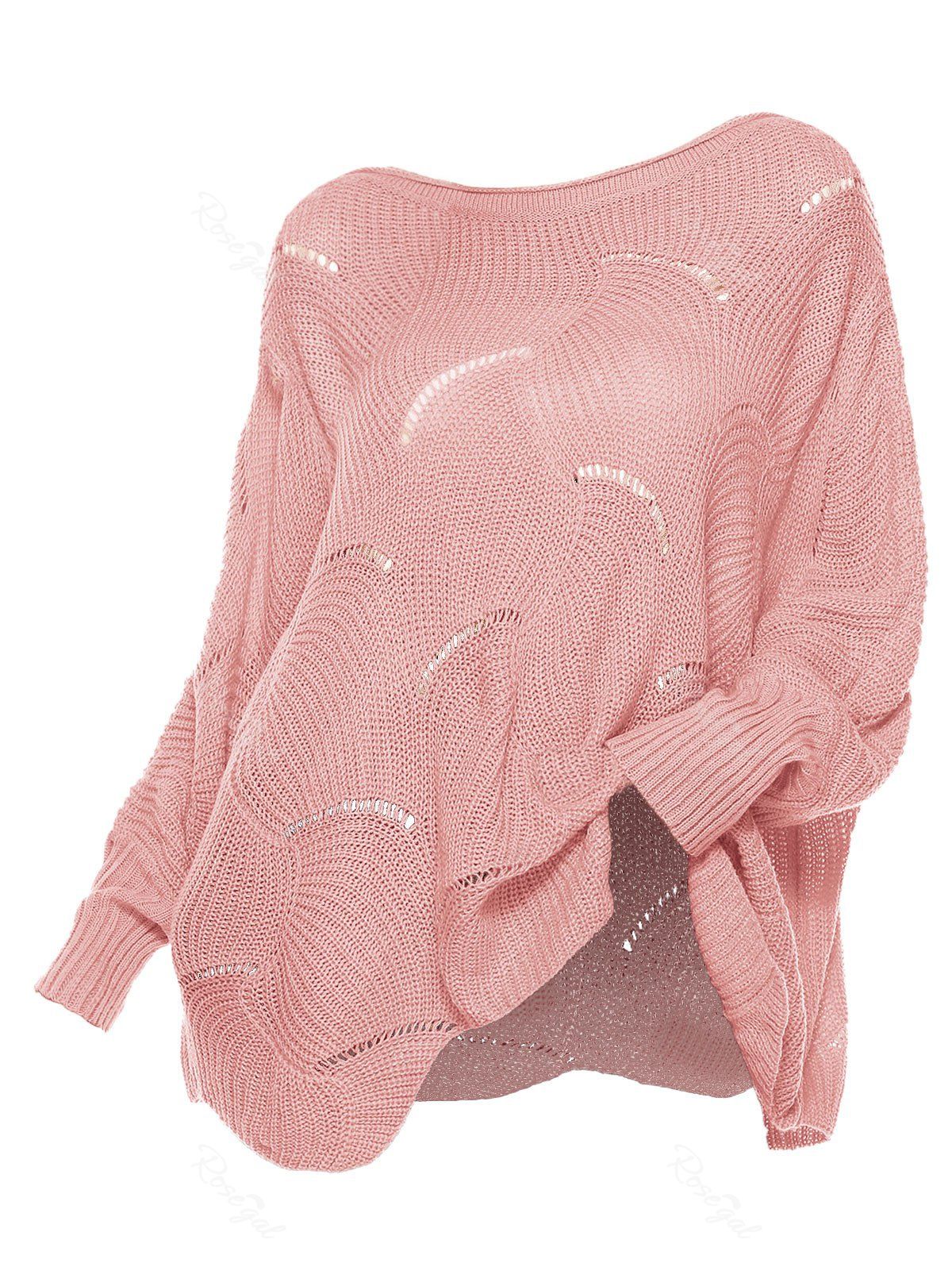 

Scalloped Hem Pointelle Knit Pullover Plus Size Sweater, Light pink