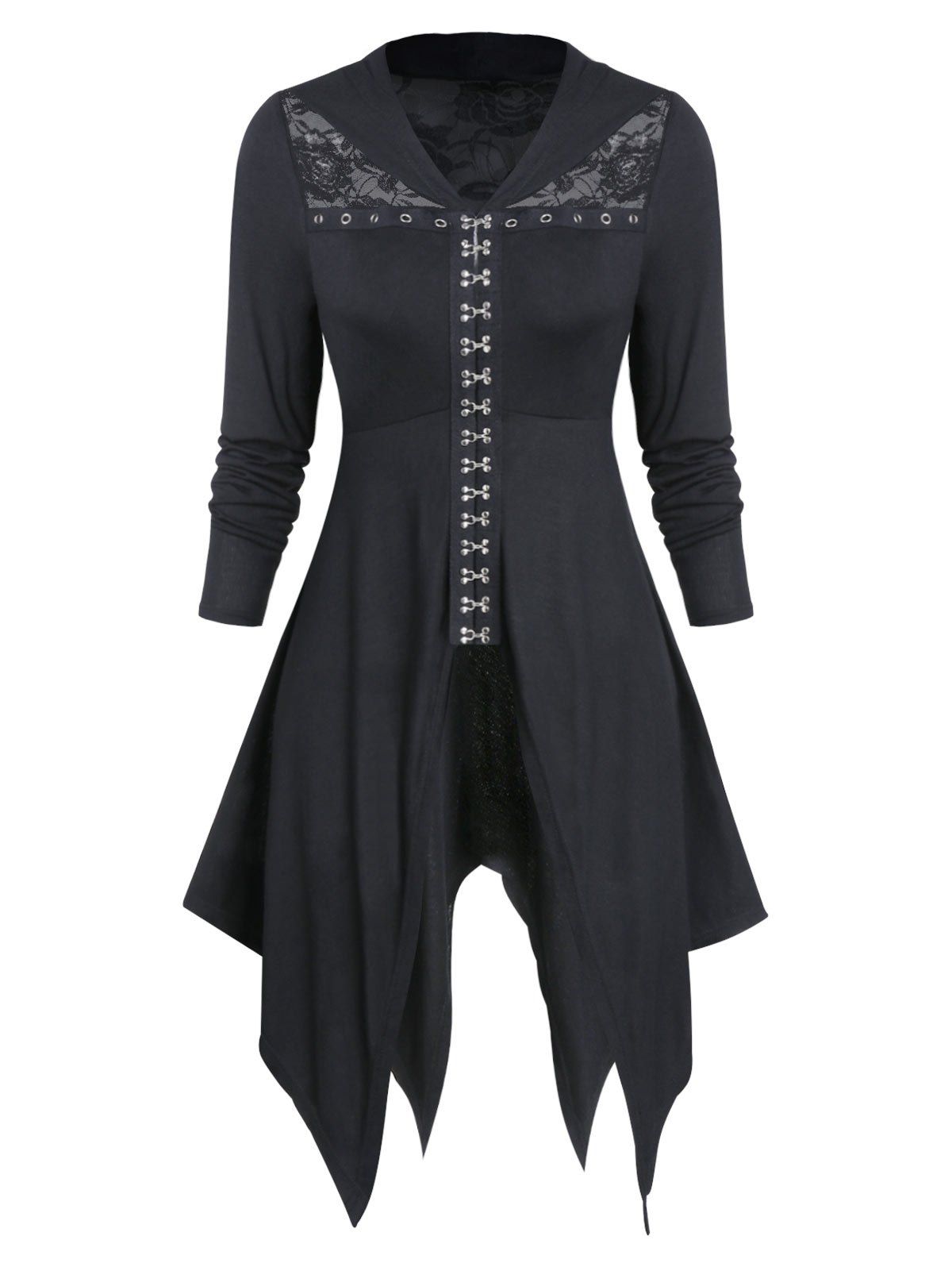 

Lace Insert Hook and Eye Gothic Hanky Hem Top, Black