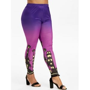 

High Waisted Pumpkin Castle Halloween Plus Size Leggings, Purple