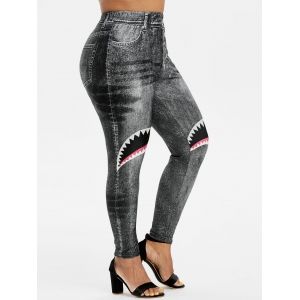 

High Waisted Pull On Shark Mouth 3D Print Plus Size Jeggings, Black