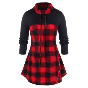 

Plus Size Tunic Plaid Panel Long Sleeve T Shirt, Black