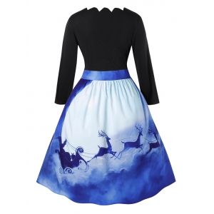 

Plus Size Vintage 3D Elk Print Scalloped Christmas Dress, Black