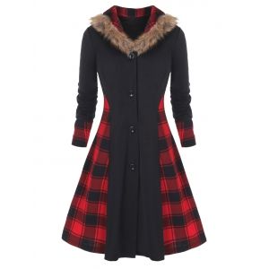 

Plus Size Faux Fur Collar Buttons Plaid Spliced Skirted Coat, Black