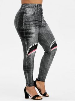 High Waisted Pull On Shark Mouth 3D Print Plus Size Jeggings - BLACK - L
