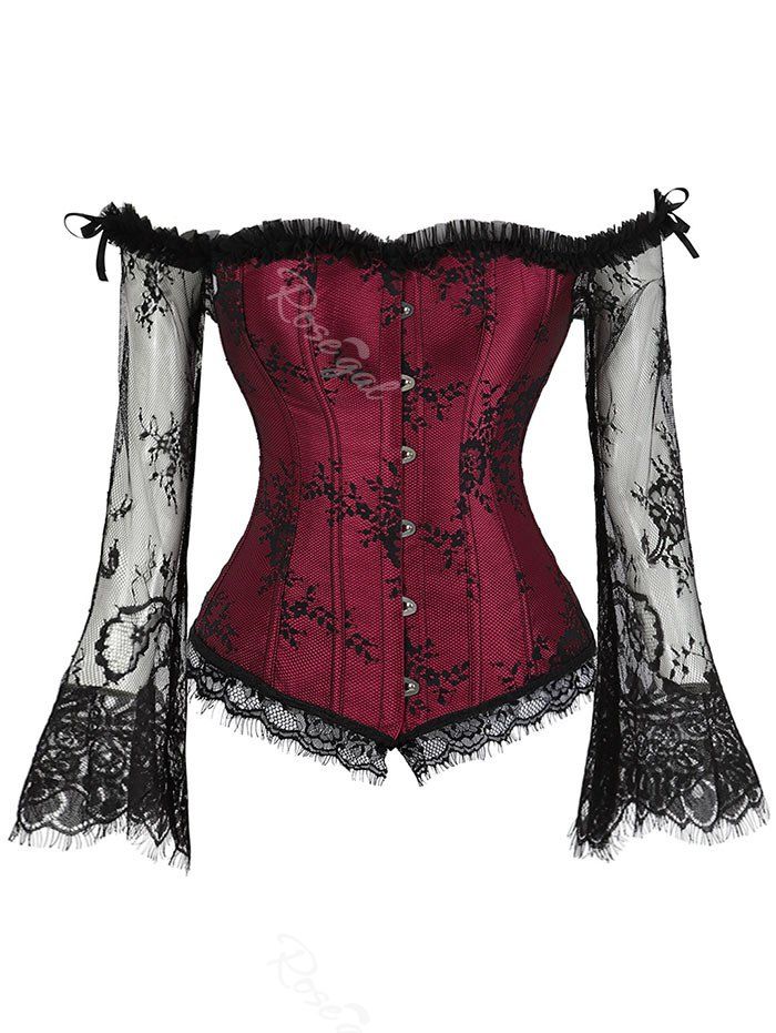 

Plus Size Bell Lace Sleeves Ruffles Overbust Corset, Red