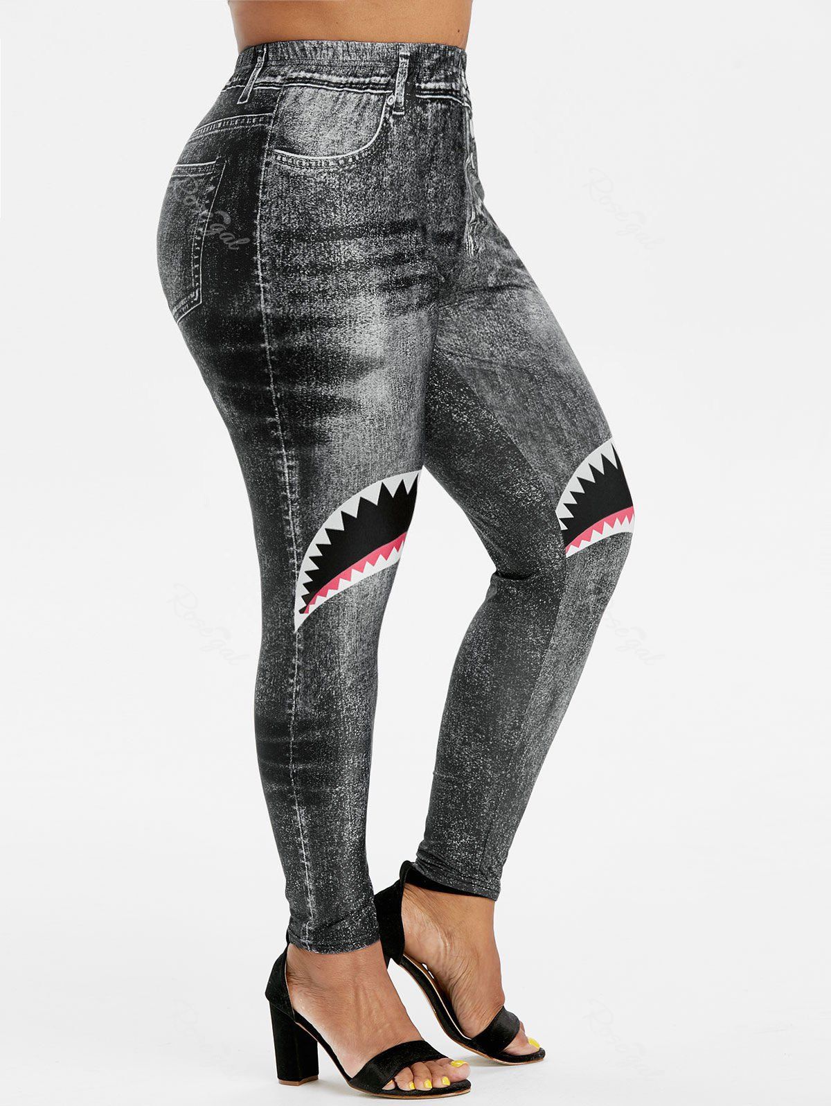 

High Waisted Pull On Shark Mouth 3D Print Plus Size Jeggings, Black